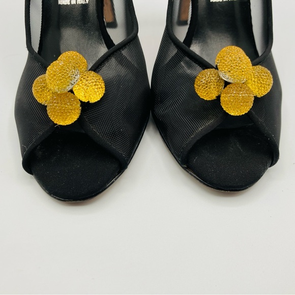 Something Bleu Black Mesh Gold Yellow Ball Pump Heels Peep Toe Italy Size 7 - Picture 4 of 16